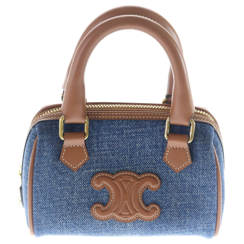 CELINE(セリーヌ) セリーヌ スモール ボストン トリオンフ ショルダーバッグ ミニバッグ インディゴブルー×ブラウン レザー×デニム ゴールド金具 レディース