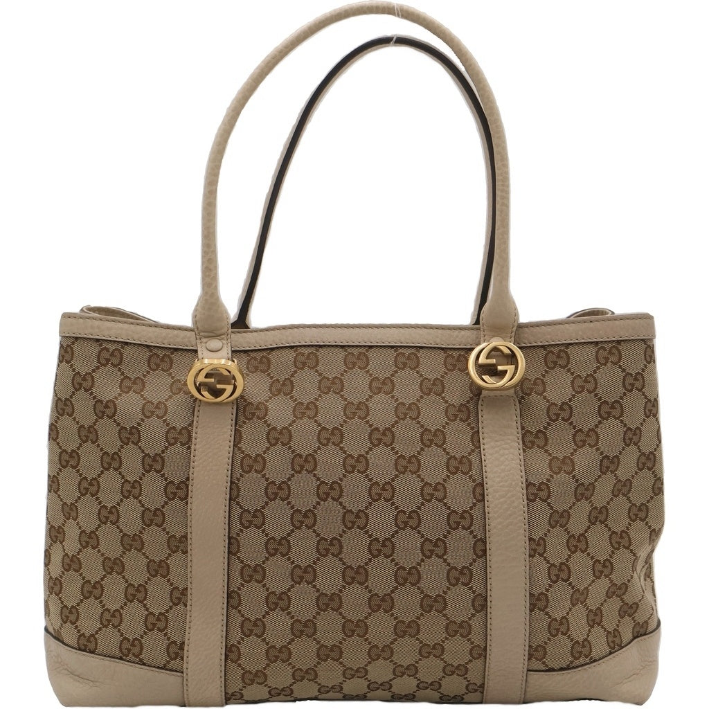 GUCCI(グッチ) グッチ GGキャンバス トートバッグ ハンドバッグ ベージュ レザー×キャンバス 353122 ゴールド金具 レディース
