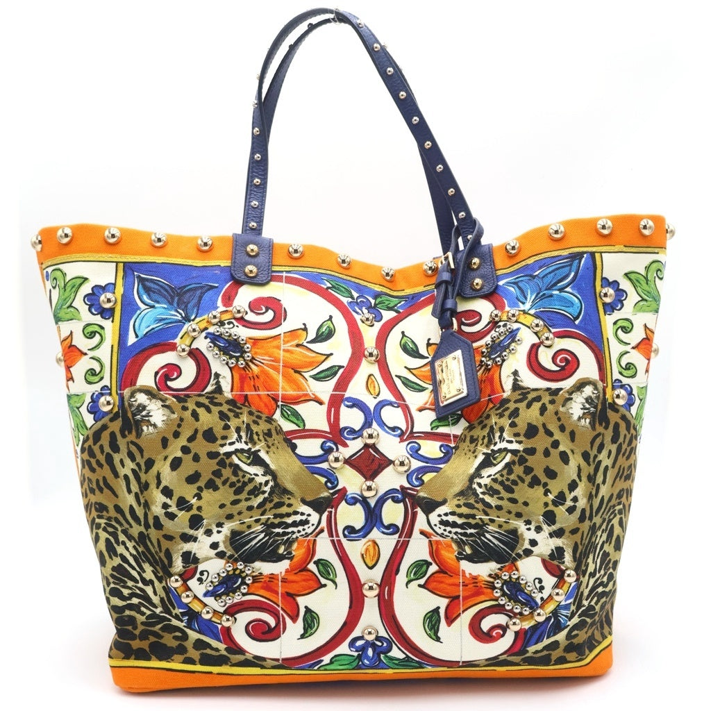 DOLCE & GABBANA(ドルチェアンドガッバーナ) ドルチェアンドガッバーナ ベアトリーチェ ハンドバッグ トートバッグ シチリア柄 オレンジ×ブルー レザー×キャンバス ゴールド金具 レディース