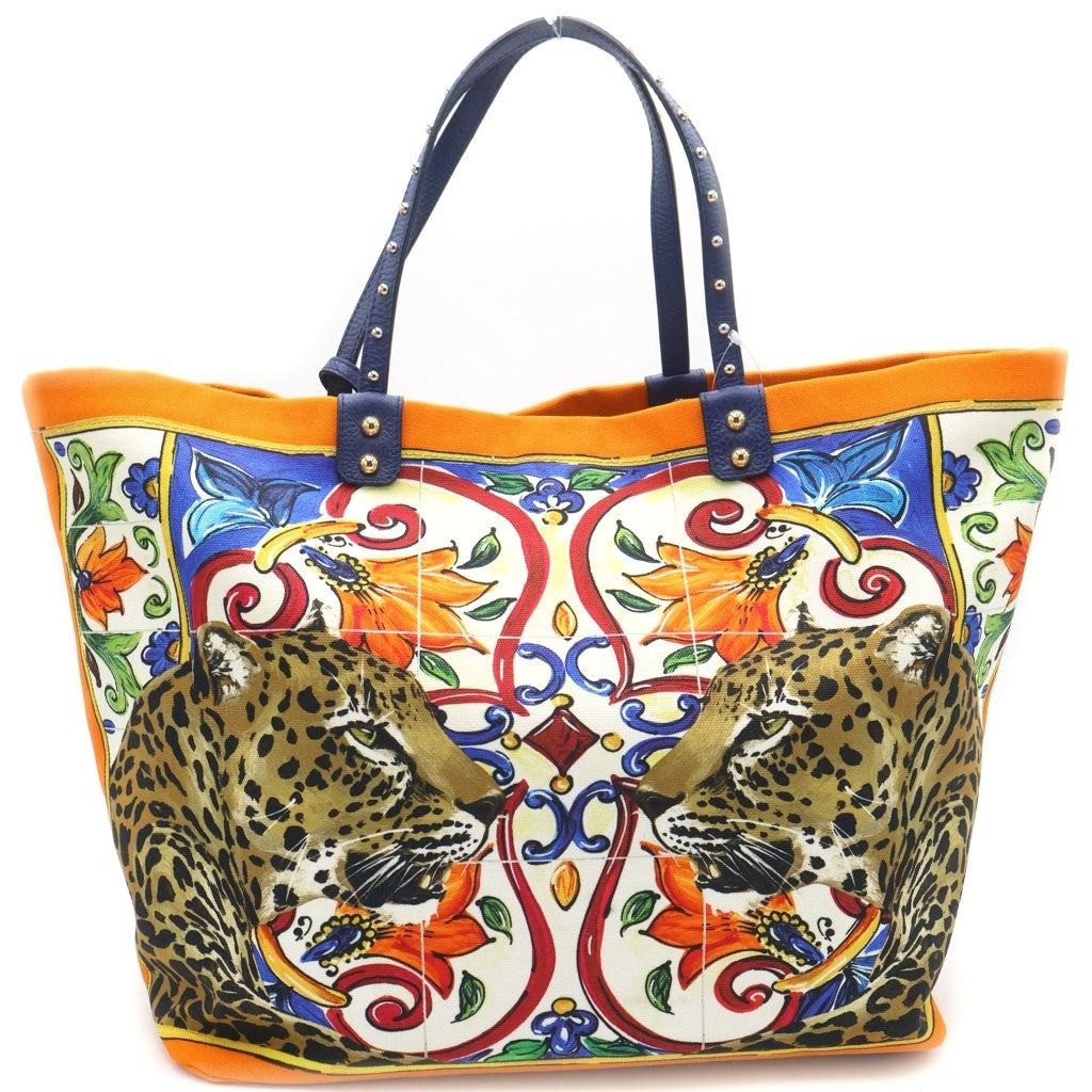 DOLCE & GABBANA(ドルチェアンドガッバーナ) ドルチェアンドガッバーナ ベアトリーチェ ハンドバッグ トートバッグ シチリア柄 オレンジ×ブルー レザー×キャンバス ゴールド金具 レディース