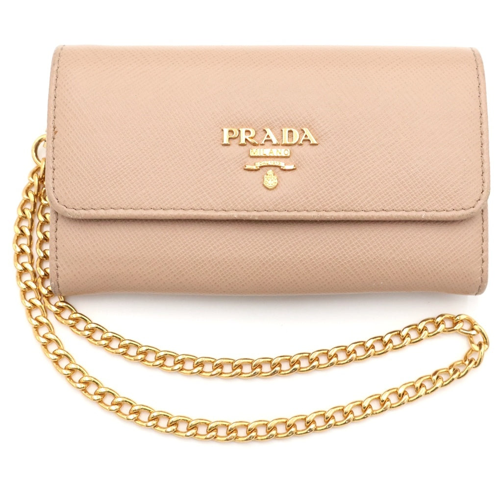 PRADA(プラダ) サフィアーノ チェーンウォレット バッグチャーム 財布 サフィアーノレザー ベージュ ゴールド金具 レディース