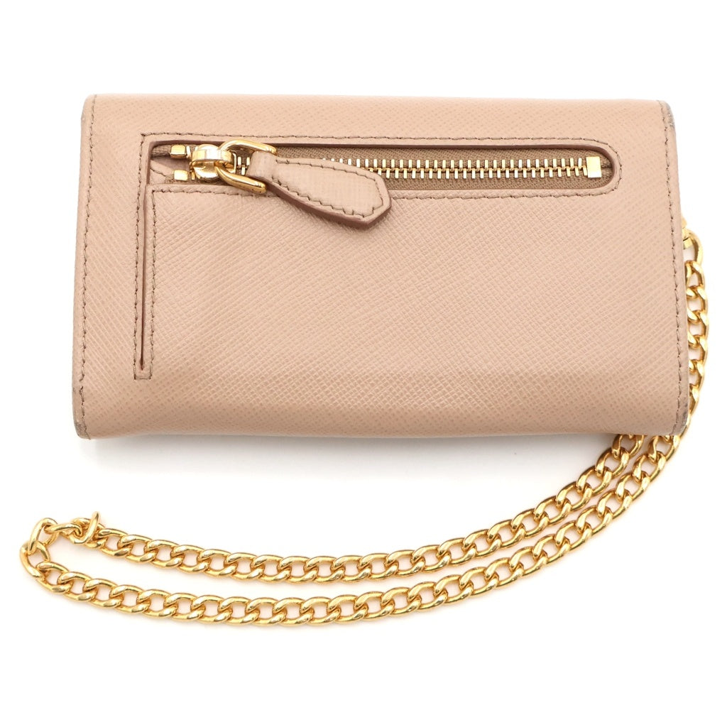 PRADA(プラダ) サフィアーノ チェーンウォレット バッグチャーム 財布 サフィアーノレザー ベージュ ゴールド金具 レディース