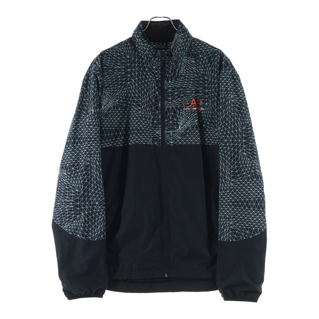 EMPORIO ARMANI EA7(エンポリオアルマーニイーエーセブン) ロゴプリント 幾何学柄切り替え ナイロン ジップアップ トラックジャケット ブラック 3YPB05 PN28Z