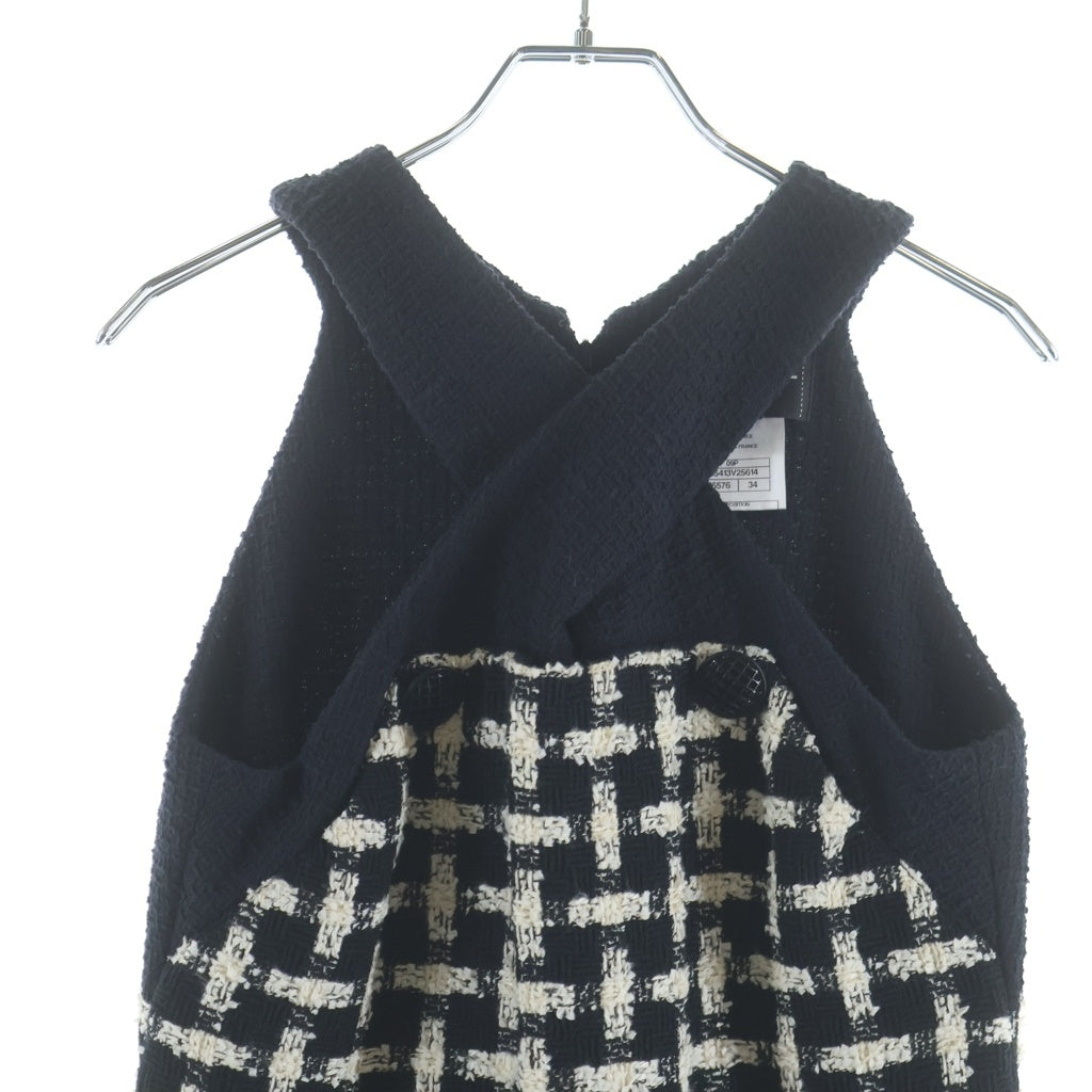 CHANEL(シャネル) 09P ツイード チェック総柄 ノースリーブ ミディアムワンピース ブラック/ホワイト レディース P35413V25614