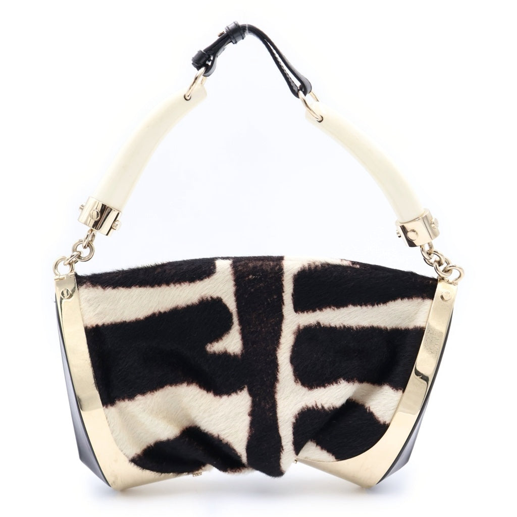 YVES SAINT LAURENT(イヴサンローラン) ハラコ ワンショルダーバッグ ハンドバッグ アイボリー×ブラック ゴールド金具