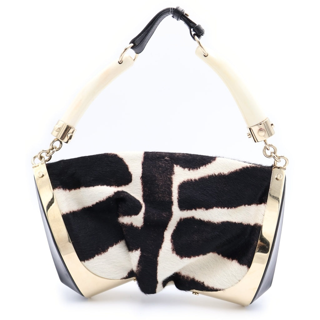 YVES SAINT LAURENT(イヴサンローラン) ハラコ ワンショルダーバッグ ハンドバッグ アイボリー×ブラック ゴールド金具