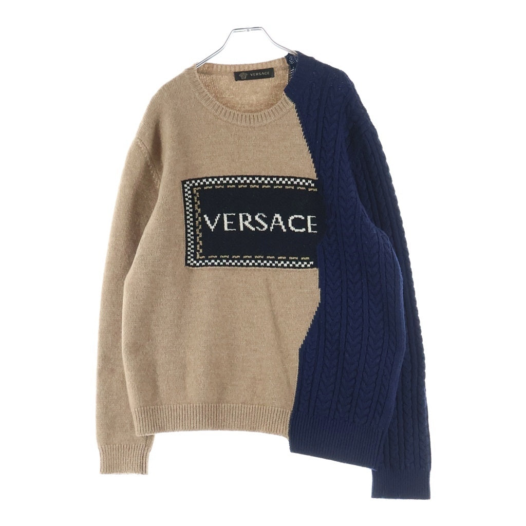 GIANNI VERSACE(ジャンニ ヴェルサーチ) ロゴジャガード クルーネック ウール 長袖ニット セーター ベージュ/ネイビー