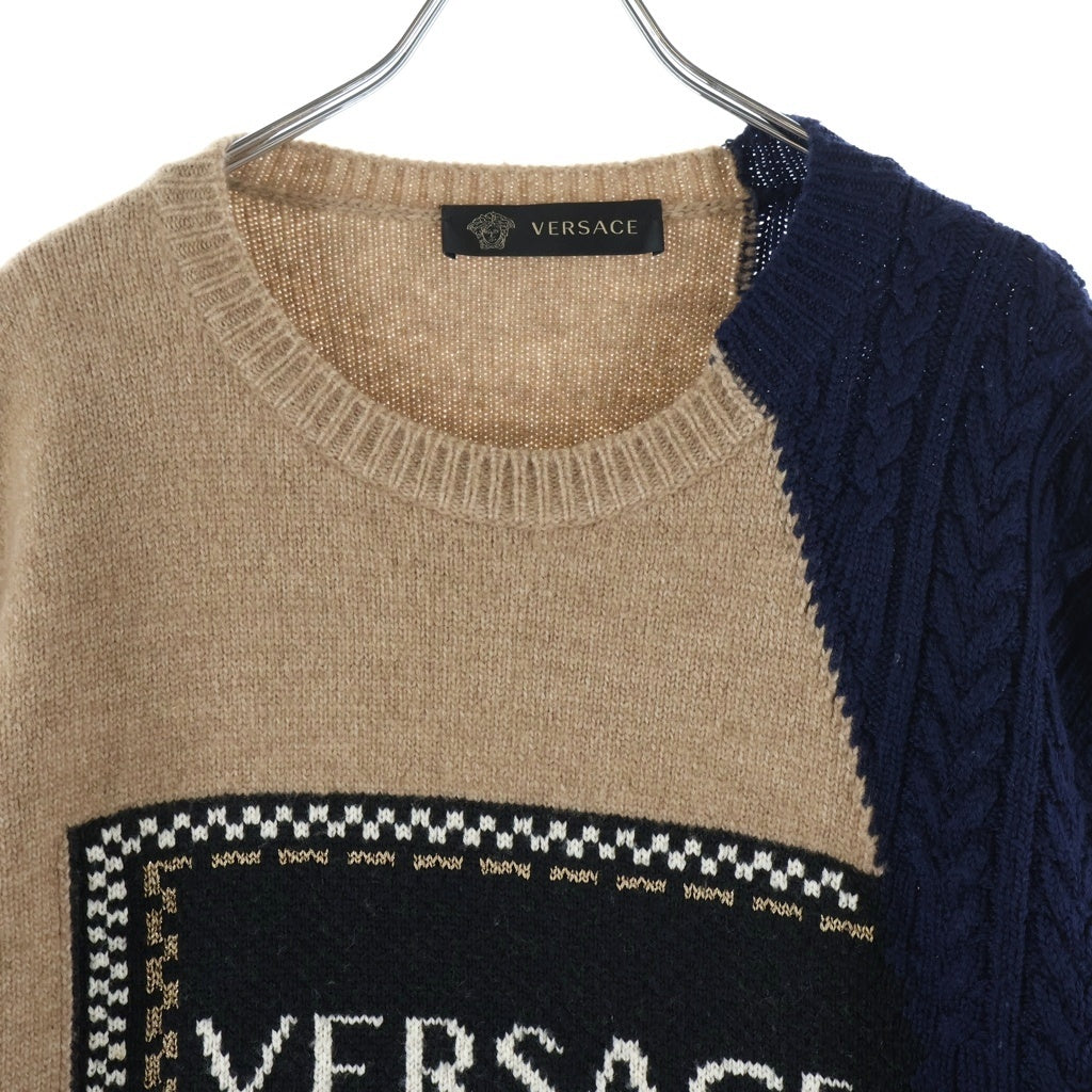 GIANNI VERSACE(ジャンニ ヴェルサーチ) ロゴジャガード クルーネック ウール 長袖ニット セーター ベージュ/ネイビー