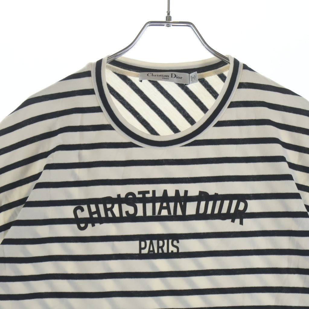 Christian Dior(クリスチャンディオール) ボーダー総柄 ロゴプリント コットンジャージー 半袖Tシャツ トップス ホワイト/ネイビー レディース 543T15A4235