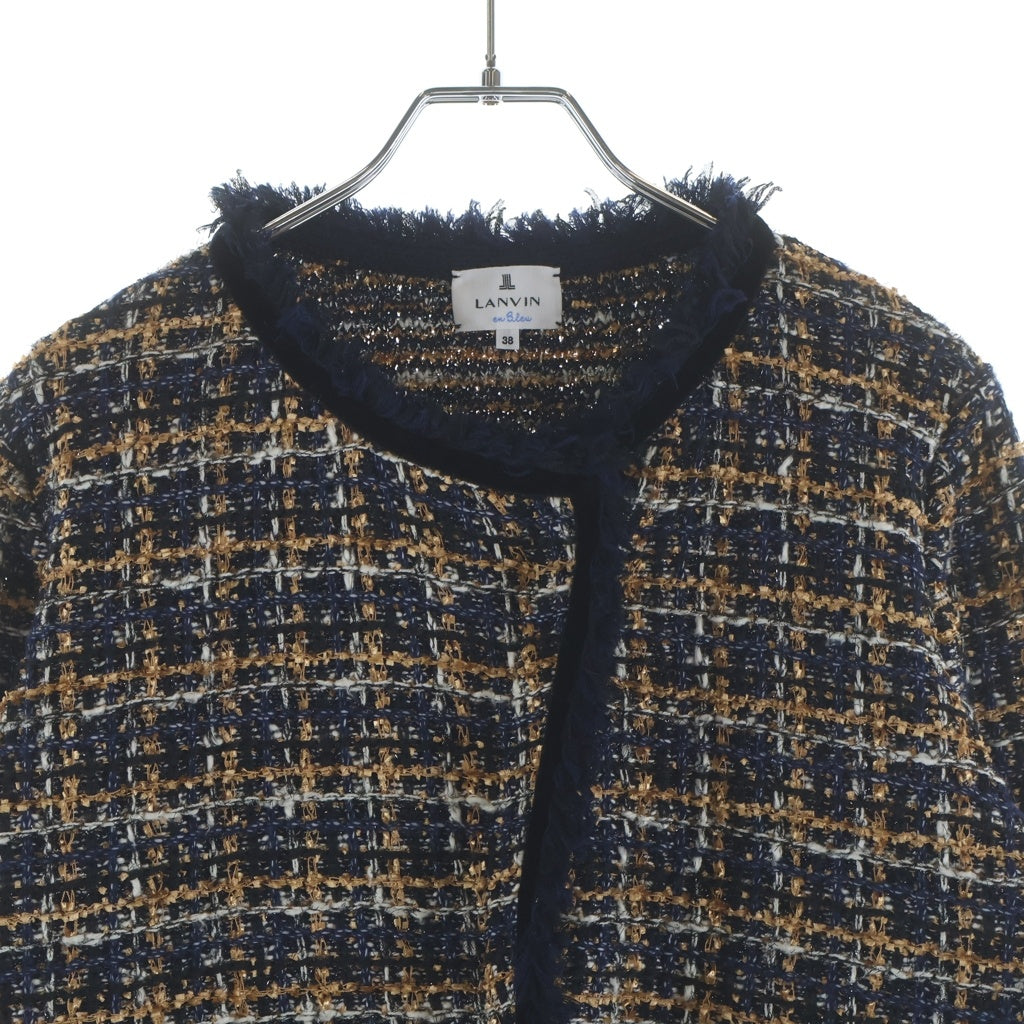 LANVIN(ランバン) ノーカラー クロップド ツイードジャケット ベージュ/ネイビー 3596815 レディース