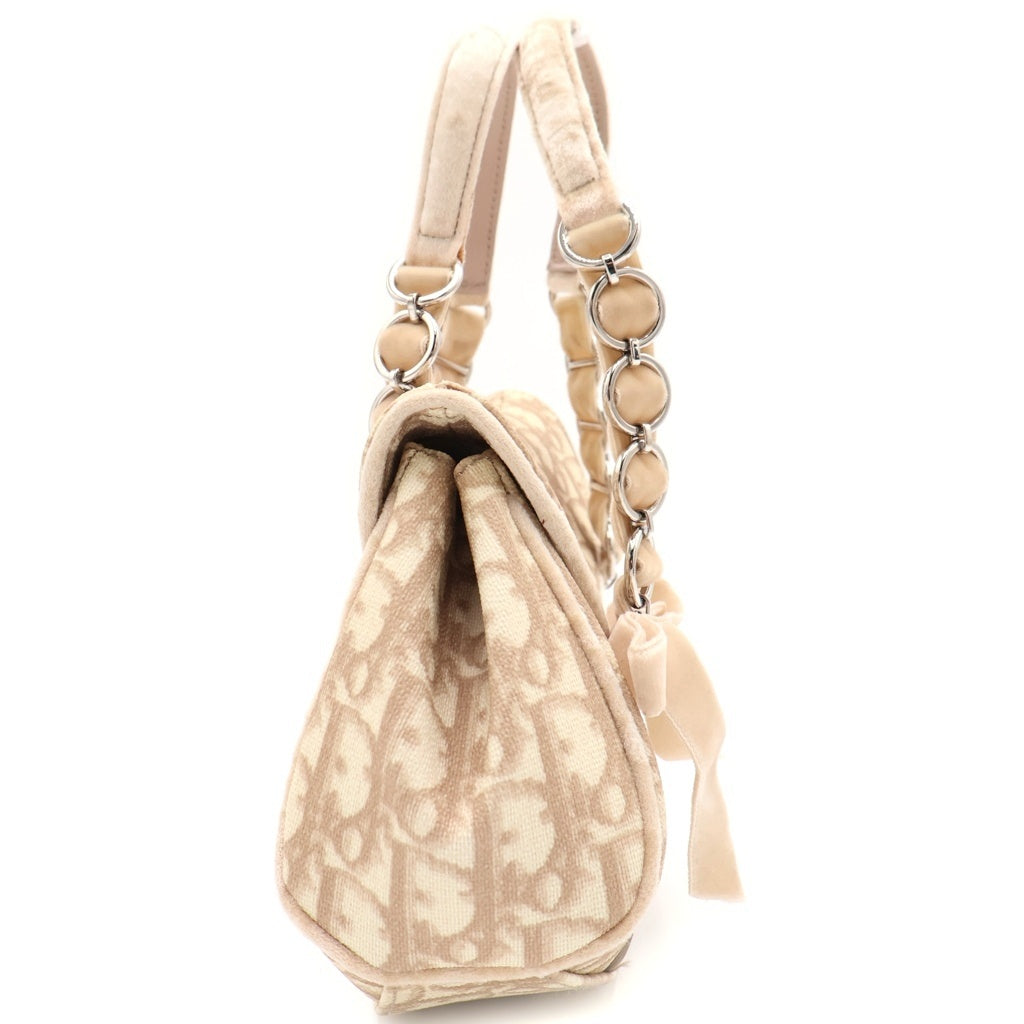 Christian Dior(クリスチャンディオール) トロッター ロマンティック リボン チェーンハンドバッグ アイボリー×ピンク PVC シルバー金具 レディース