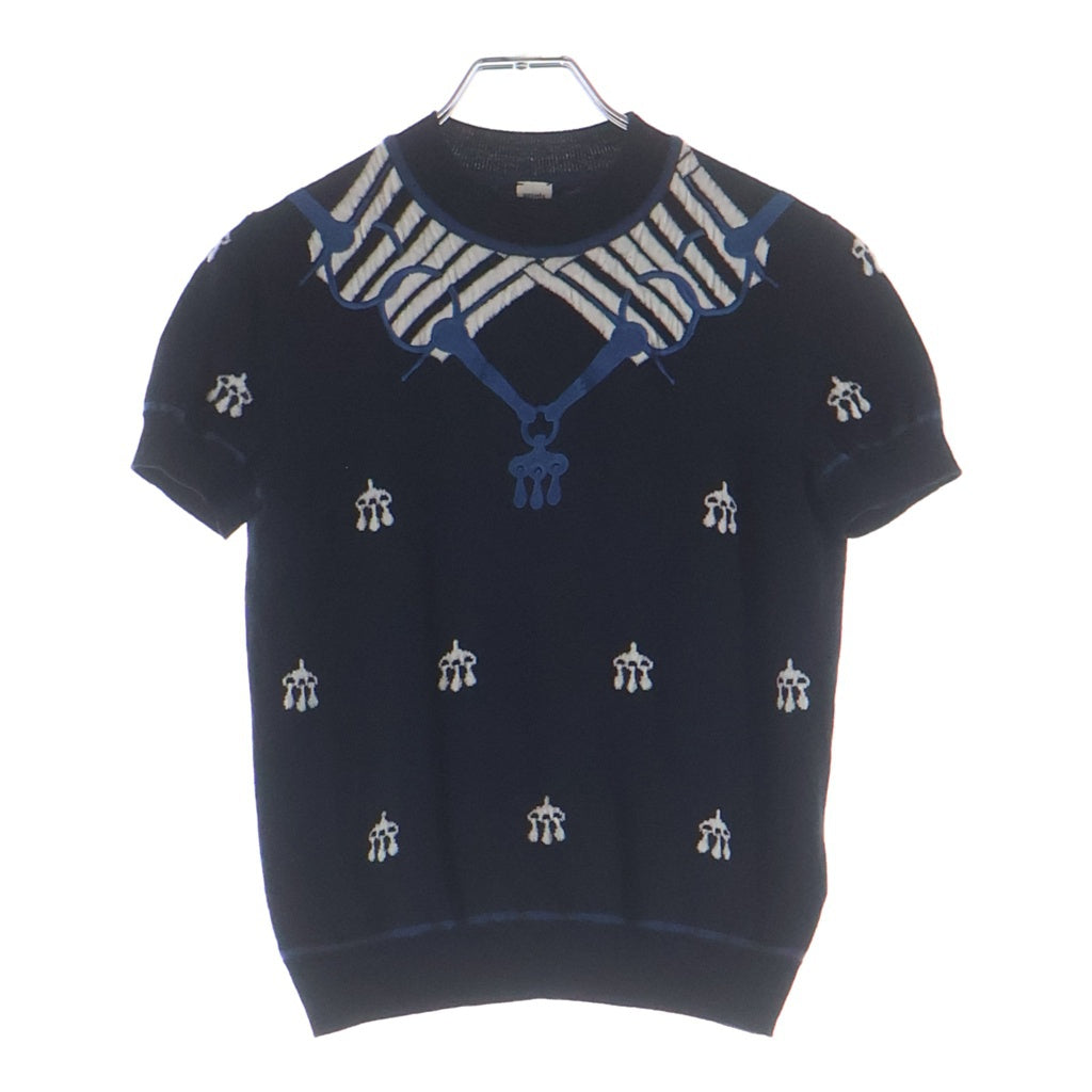HERMES(エルメス) 24AW 馬具刺繍 ジャガード 半袖ニット セーター ネイビー レディース 4H2645DD