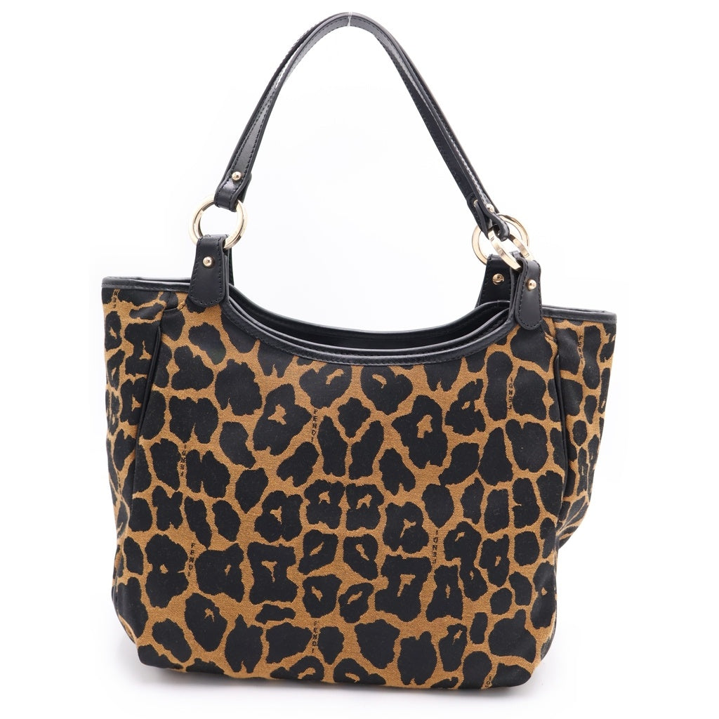 FENDI(フェンディ) ハンドバッグ トートバッグ レオパード ブラック×ブラウン キャンバス×レザー 8BH156 ゴールド金具 レディース