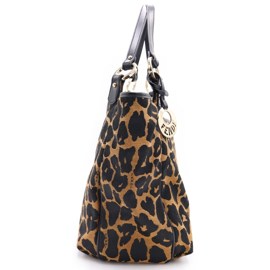 FENDI(フェンディ) ハンドバッグ トートバッグ レオパード ブラック×ブラウン キャンバス×レザー 8BH156 ゴールド金具 レディース