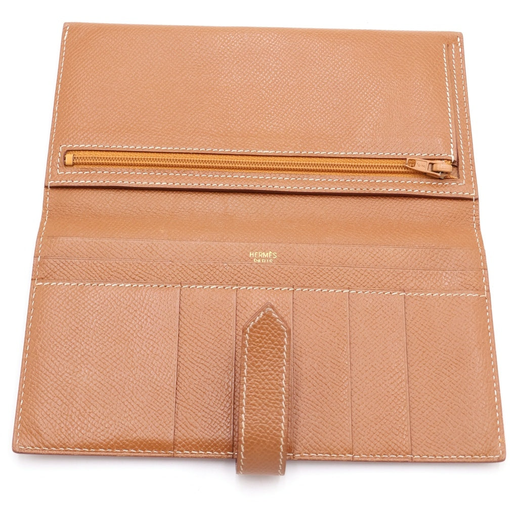 HERMES(エルメス) べアンスフレ エプソン ロングウォレット カードケース 長財布 ブラウン ゴールド レザー □C刻印 ゴールド金具