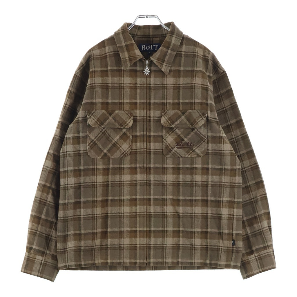 BoTT(ボット) Zip-Up Flannel Shirt ロゴ刺繍 チェック総柄 ジップアップ フランネル シャツ ジャケット ブラウン 253BoTT37