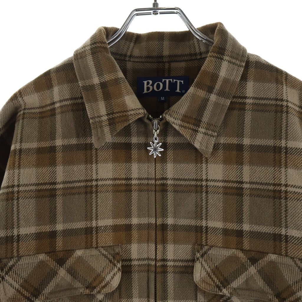 BoTT(ボット) Zip-Up Flannel Shirt ロゴ刺繍 チェック総柄 ジップアップ フランネル シャツ ジャケット ブラウン 253BoTT37