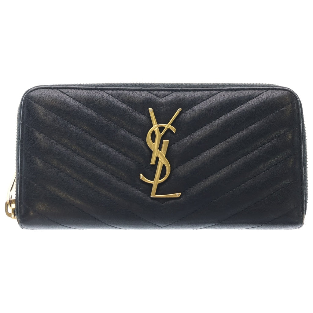 YVES SAINT LAURENT(イヴサンローラン) Vステッチ ラウンドファスナー ゴールド金具 長財布 358094 ブラック レディース