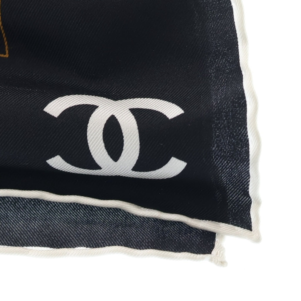 CHANEL(シャネル) カメリア ロゴ チェーン プリント シルク スカーフ ブラック レディース