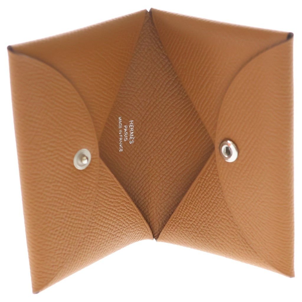 HERMES(エルメス) カルヴィ エプソン シルバー金具 カードケース 名刺入れ コインケース B刻印 ゴールド ブラウン レディース