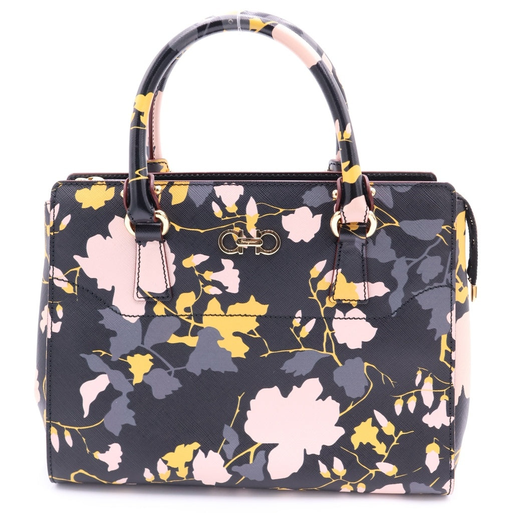 Salvatore Ferragamo(サルヴァトーレ フェラガモ) ガンチーニ フローラル レザー ゴールド金具 2WAY ハンドバッグ ショルダーバッグ ブラック/ピンク/イエロー レディース