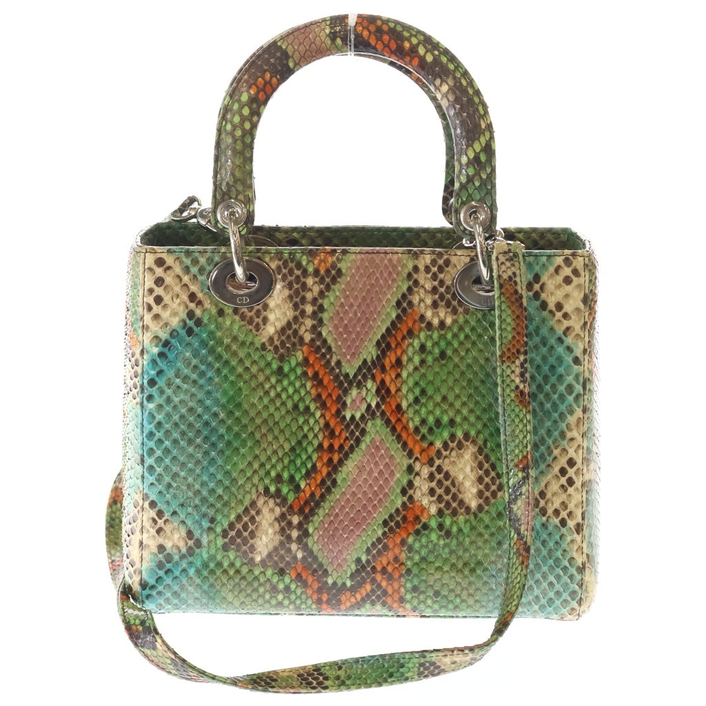 DIOR(ディオール) レディディオール ミディアム パイソン レザー 2WAY ハンド ショルダーバッグ マルチカラー シルバー金具 グリーン/オレンジ レディース