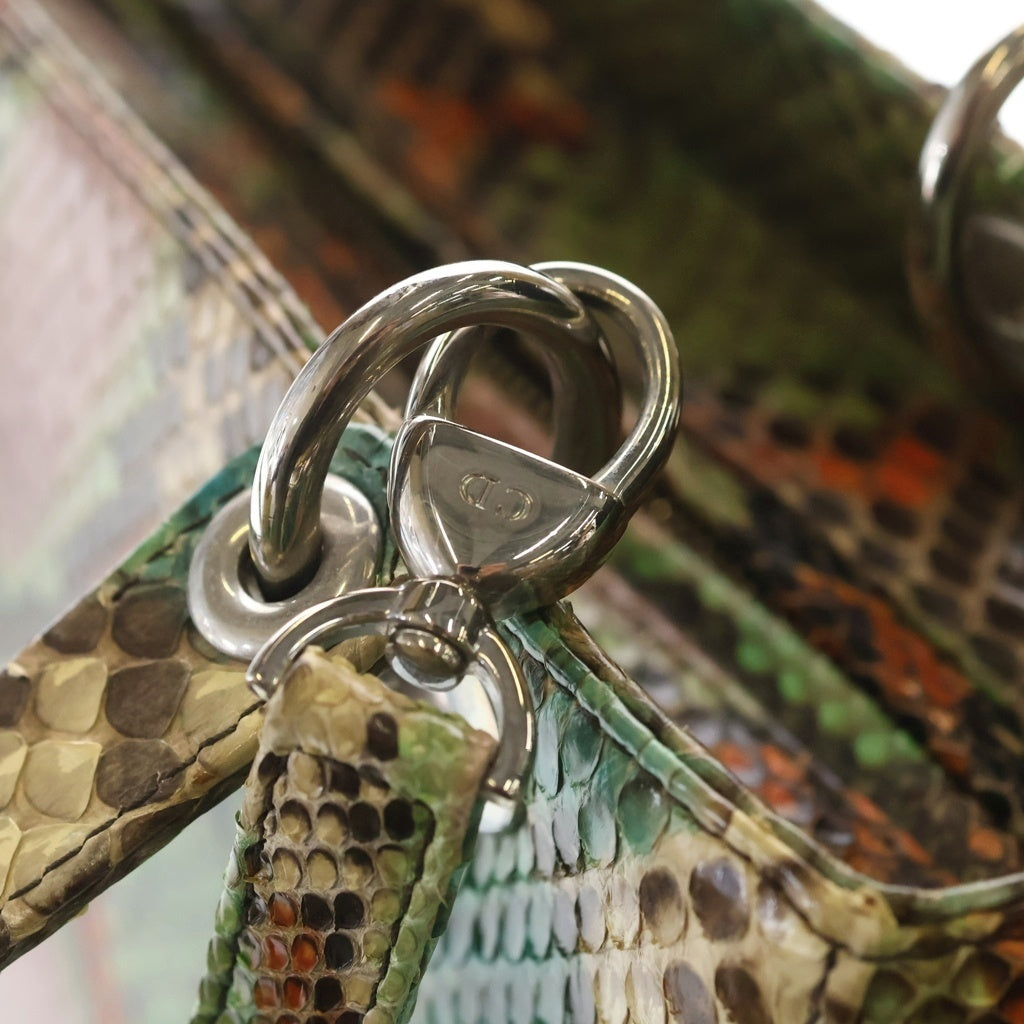 DIOR(ディオール) レディディオール ミディアム パイソン レザー 2WAY ハンド ショルダーバッグ マルチカラー シルバー金具 グリーン/オレンジ レディース