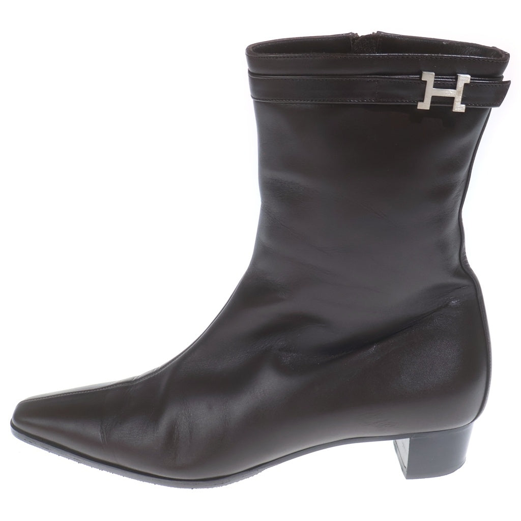 HERMES(エルメス) Hロゴ レザー サイドジップ ヒール ショートブーツ ブラウン レディース