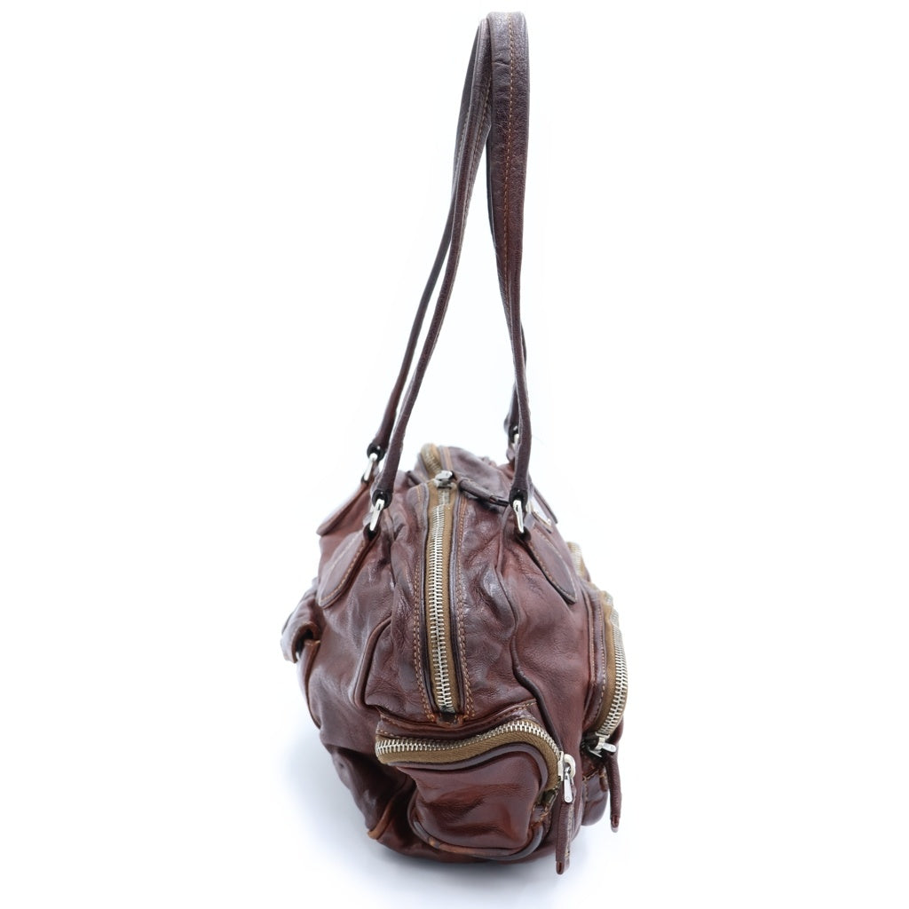 PRADA(プラダ) ウォッシュドレザーボストンバッグ ハンドバッグ ブラウン レザー シルバー金具 レディース