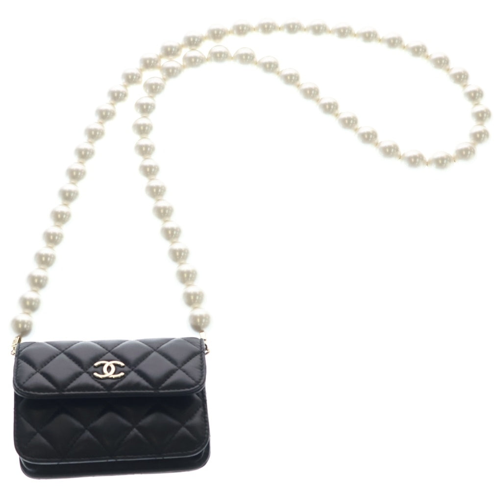 CHANEL(シャネル) マトラッセ ココマーク ラムスキン ゴールド金具 フェイクパール パールチェーンウォレット ショルダーバッグ AP1838 ブラック