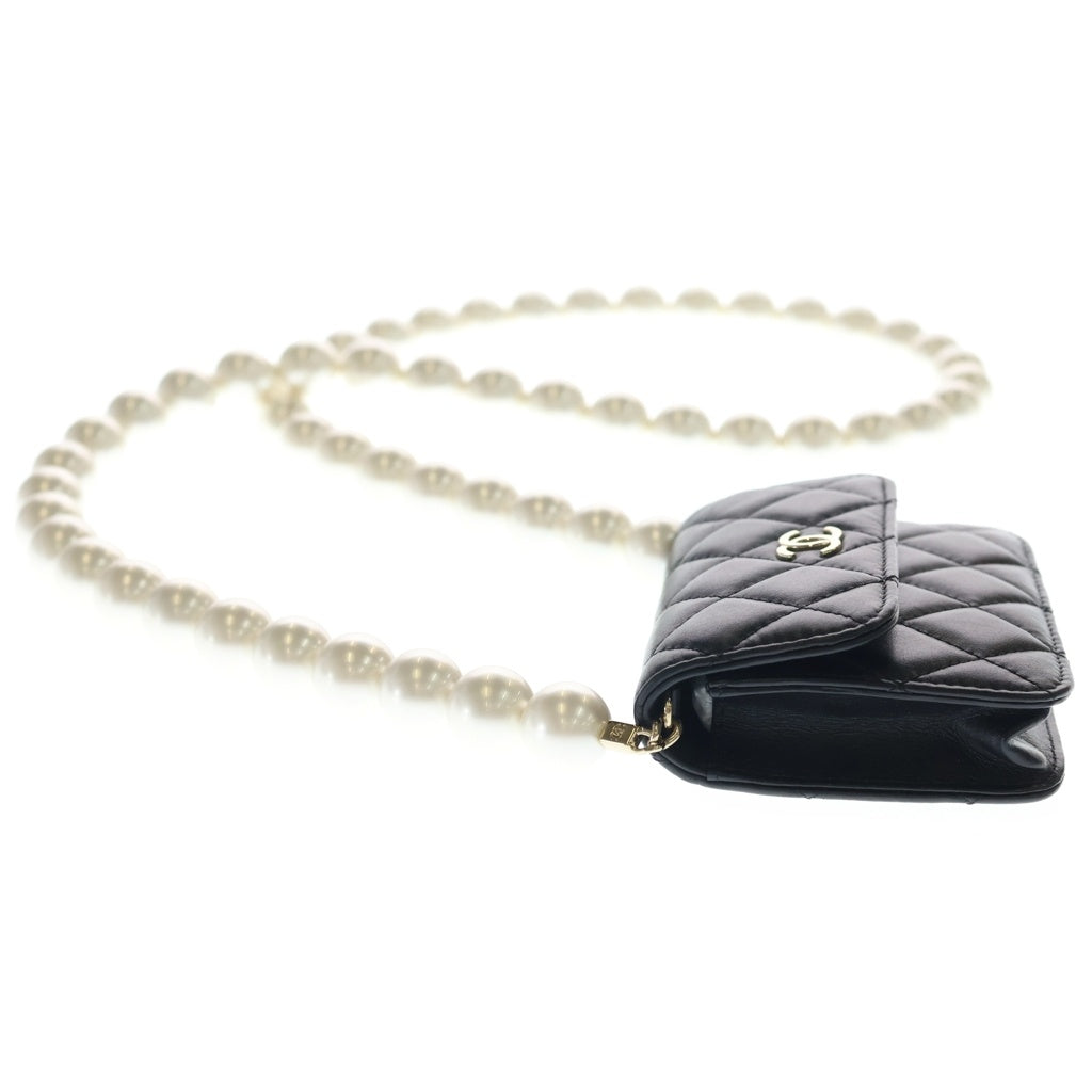 CHANEL(シャネル) マトラッセ ココマーク ラムスキン ゴールド金具 フェイクパール パールチェーンウォレット ショルダーバッグ AP1838 ブラック
