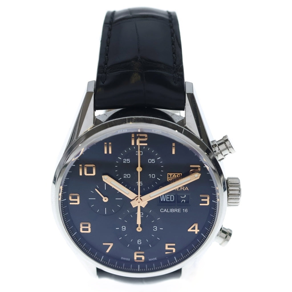 TAG HEUER(タグホイヤー) カレラ キャリバー16 クロノグラフ デイデイト 黒文字盤 レザーベルト 自動巻き 腕時計 ブラック/シルバー CV2A1AB.FC6379
