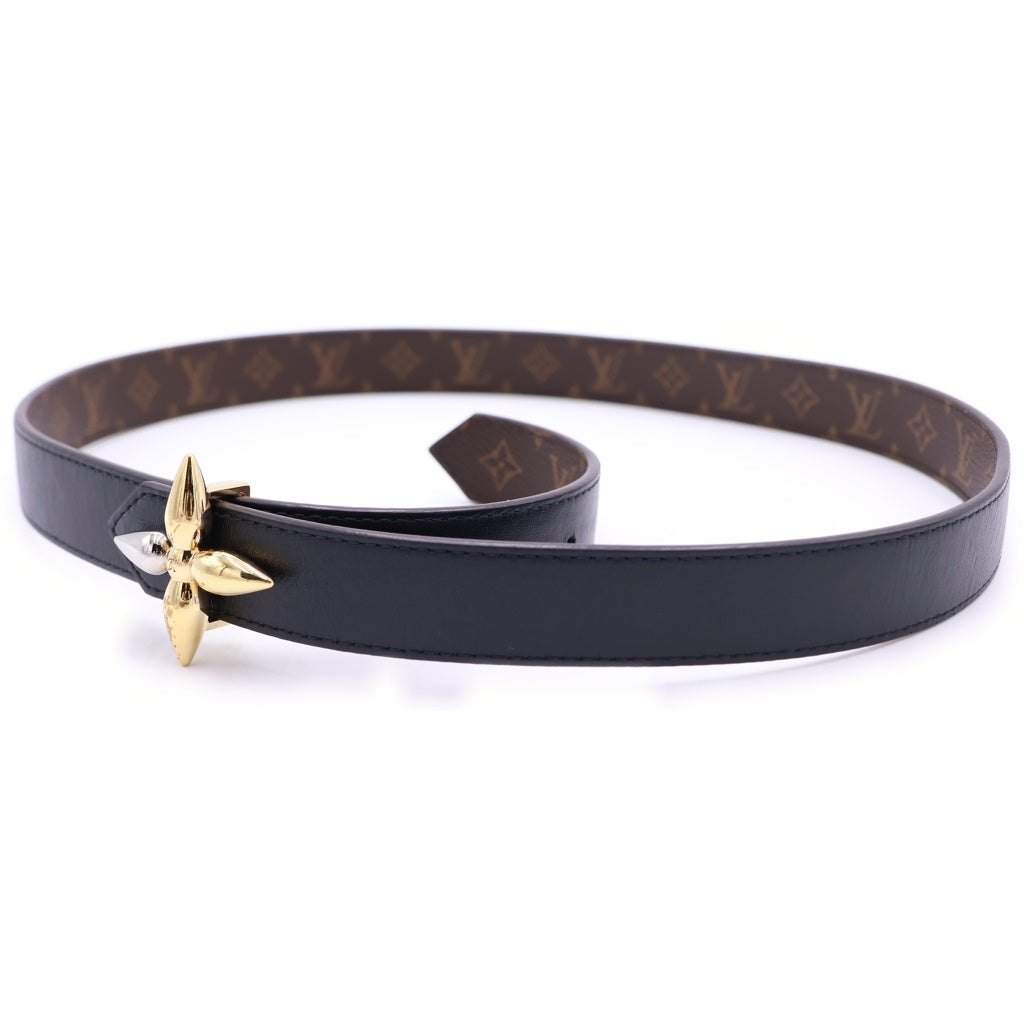 LOUIS VUITTON(ルイヴィトン) サンチュール レザーベルト ブラック×ブラウン フラワー M05554 ゴールド×シルバー金具 レディース