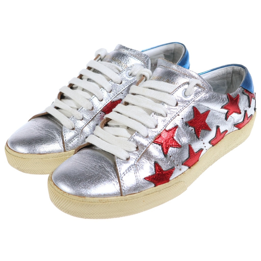 SAINT LAURENT PARIS(サンローランパリ) スターパッチ メタリックレザー ローカットシューズ スニーカー シルバー/レッド レディース 377340