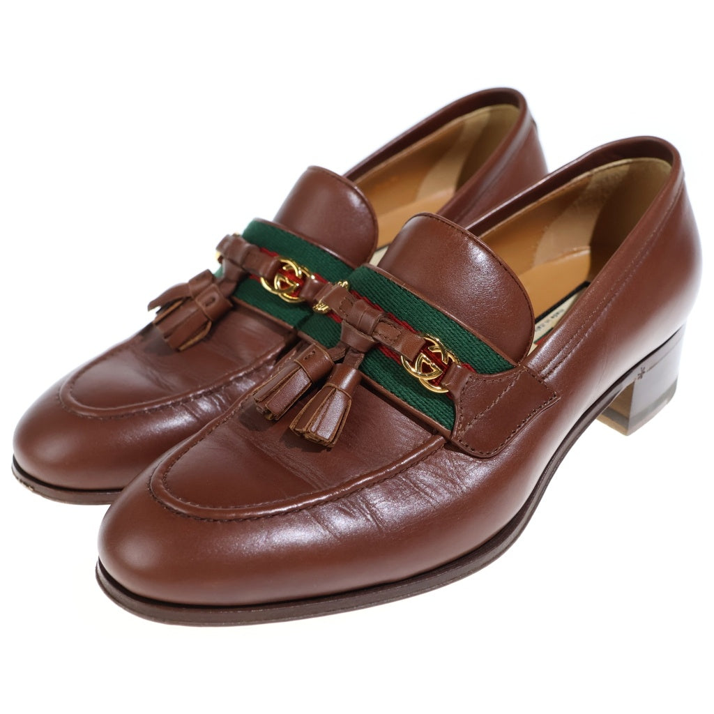 GUCCI(グッチ) インターロッキングG ウェブライン レザー タッセル ローファー シューズ ブラウン レディース 624316