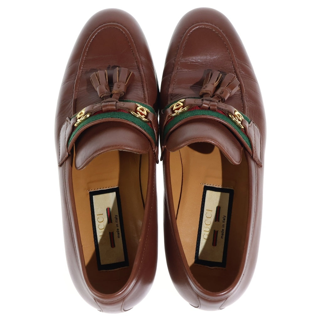 GUCCI(グッチ) インターロッキングG ウェブライン レザー タッセル ローファー シューズ ブラウン レディース 624316