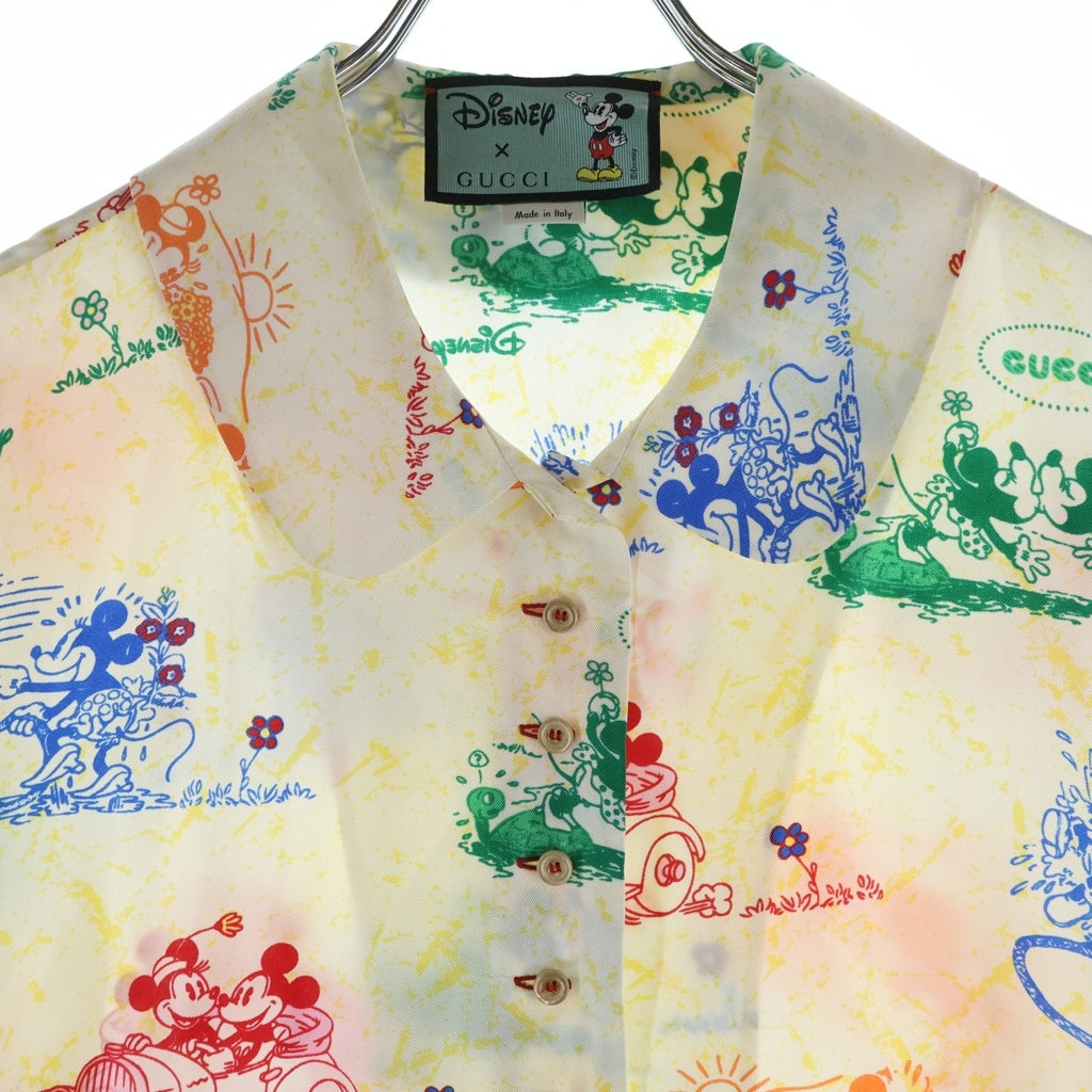 GUCCI(グッチ) ×Disney ディズニー ミッキー ミニー 総柄プリント 丸襟 シルク ロングスリーブ 長袖シャツ イエロー 609427