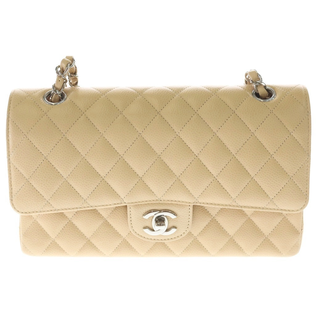 CHANEL(シャネル) マトラッセ25 Wフラップ Wチェーンバッグ キャビアスキン シルバー金具 ショルダーバッグ プレート ベージュ レディース