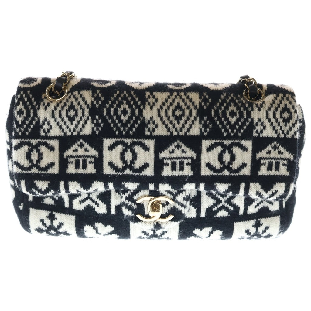 CHANEL(シャネル) ココネージュ ウール ゴールド金具 チェーン ショルダーバッグ ホワイト/ブラック レディース
