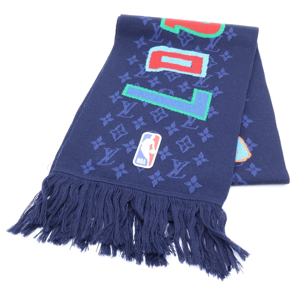 LOUIS VUITTON(ルイヴィトン) 21AW ×NBA エシャルプ モノグラム ロゴ レザーパッチ ウール フリンジマフラー ネイビー MP3033
