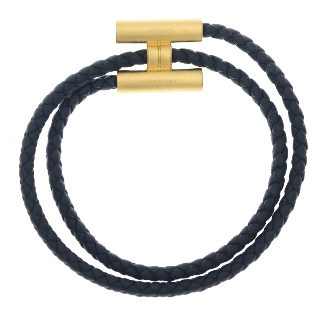 HERMES(エルメス) トゥルニ トレッセ Hロゴ レザー ゴールド金具 ブレスレット バングル ブラック レディース