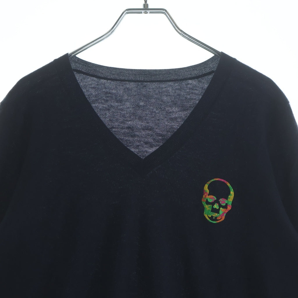 lucien pellat-finet(ルシアンペラフィネ) カラフルスカル刺繍カシミヤ Vネックセーター カシミヤ ネイビー #M