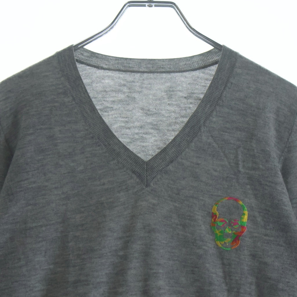 lucien pellat-finet(ルシアンペラフィネ) カラフルスカル刺繍 Vネックセーター カシミヤ グレー #M
