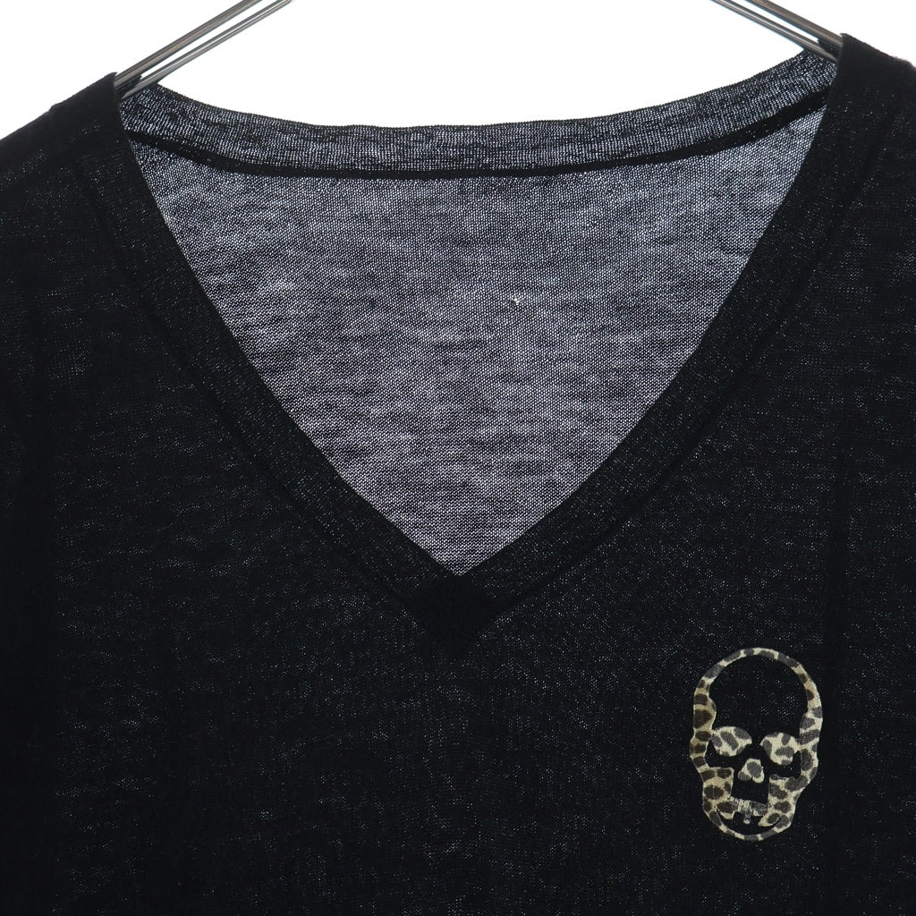 lucien pellat-finet(ルシアンペラフィネ) ジラフ柄スカル刺繍 カシミヤVネックセーター ブラック #M