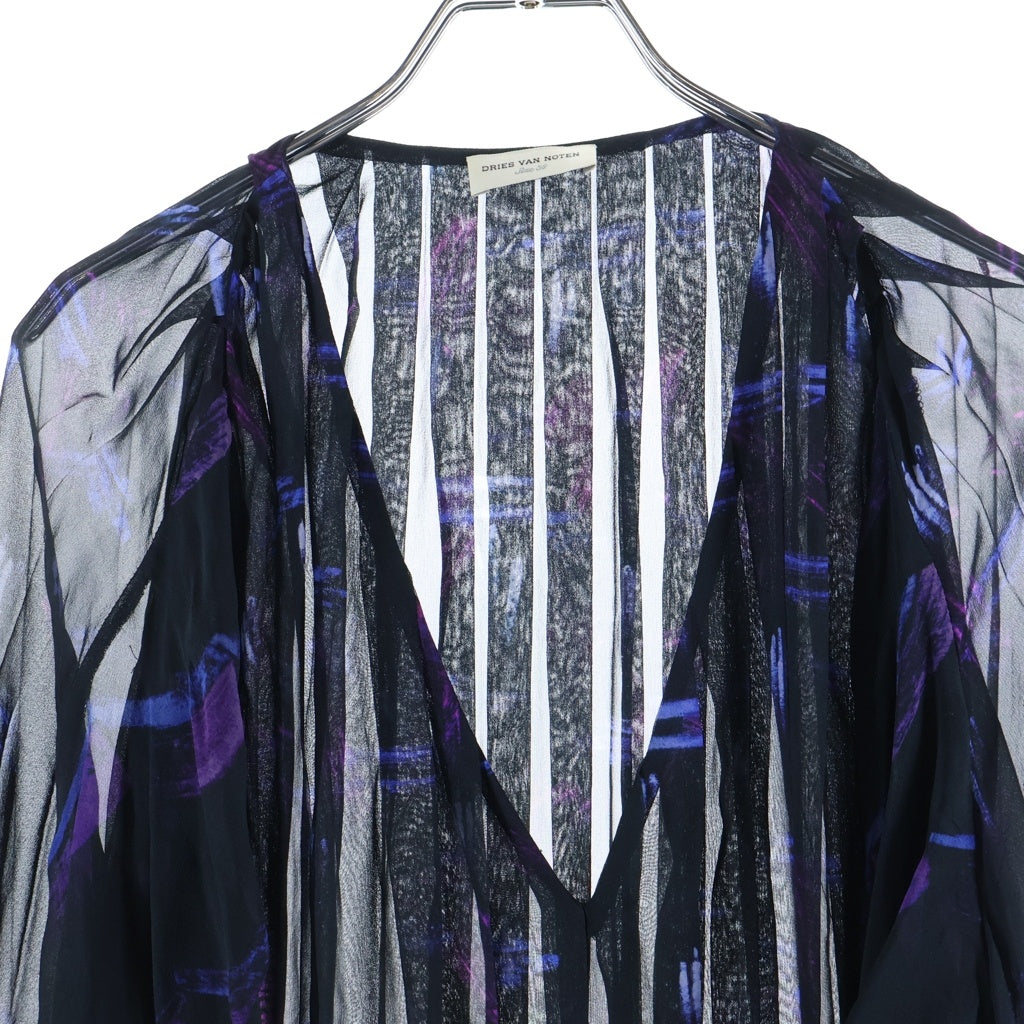 DRIES VAN NOTEN(ドリスヴァンノッテン) 花柄 シルク半袖ワンピース ドレス シースルー プリーツ ブラック レディース