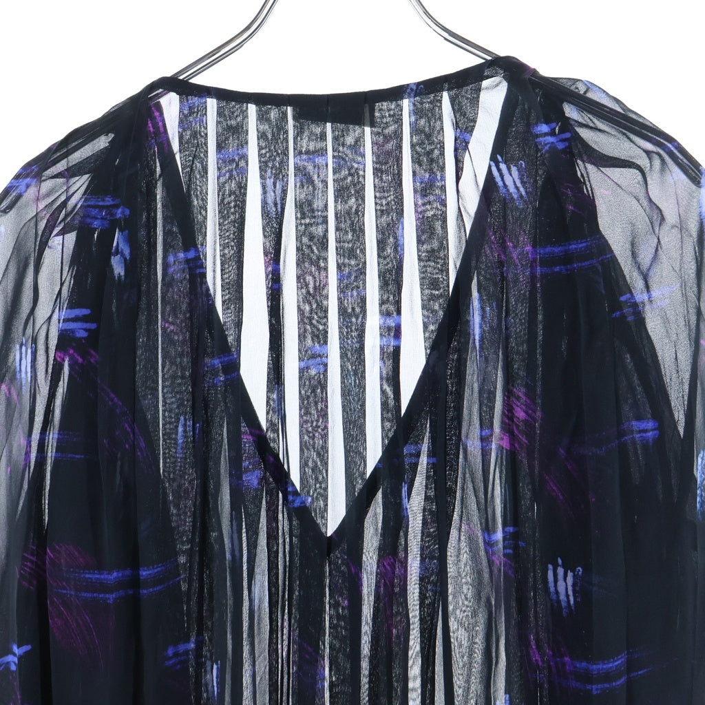 DRIES VAN NOTEN(ドリスヴァンノッテン) 花柄 シルク半袖ワンピース ドレス シースルー プリーツ ブラック レディース
