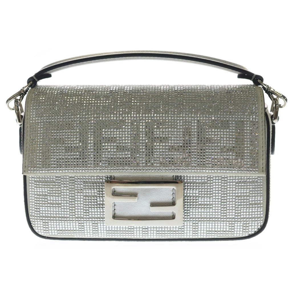 FENDI(フェンディ) マンマバケット ミニ クリスタル レザー 2WAY ハンドバッグ チェーンショルダーバッグ シルバー レディース