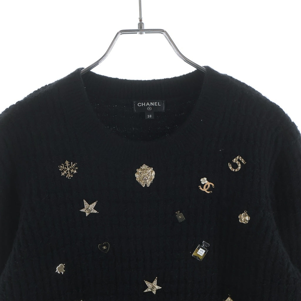 CHANEL(シャネル) マルチアイコン ビジュー装飾長袖ニット セーター ココマーク カシミヤ ブラック P59735K07810 レディース