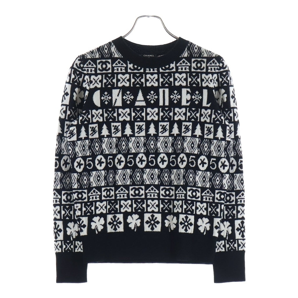 CHANEL(シャネル) 総柄 カシミア長袖ニット セーター ロゴ ブラック/ホワイト P62184K47603 レディース