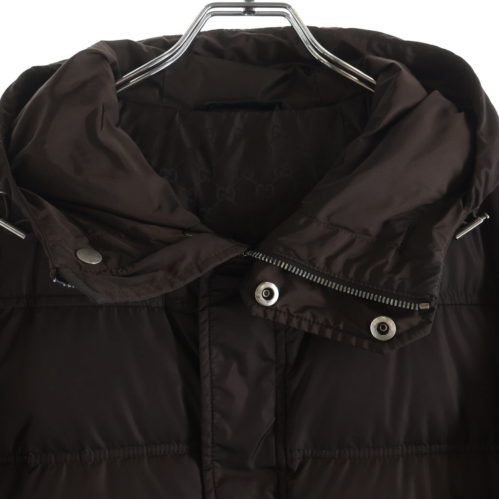 GUCCI(グッチ) 10AW フーデッドダウンジャケット ナイロン ロゴパッチ ジップアップ ブラウン 245744